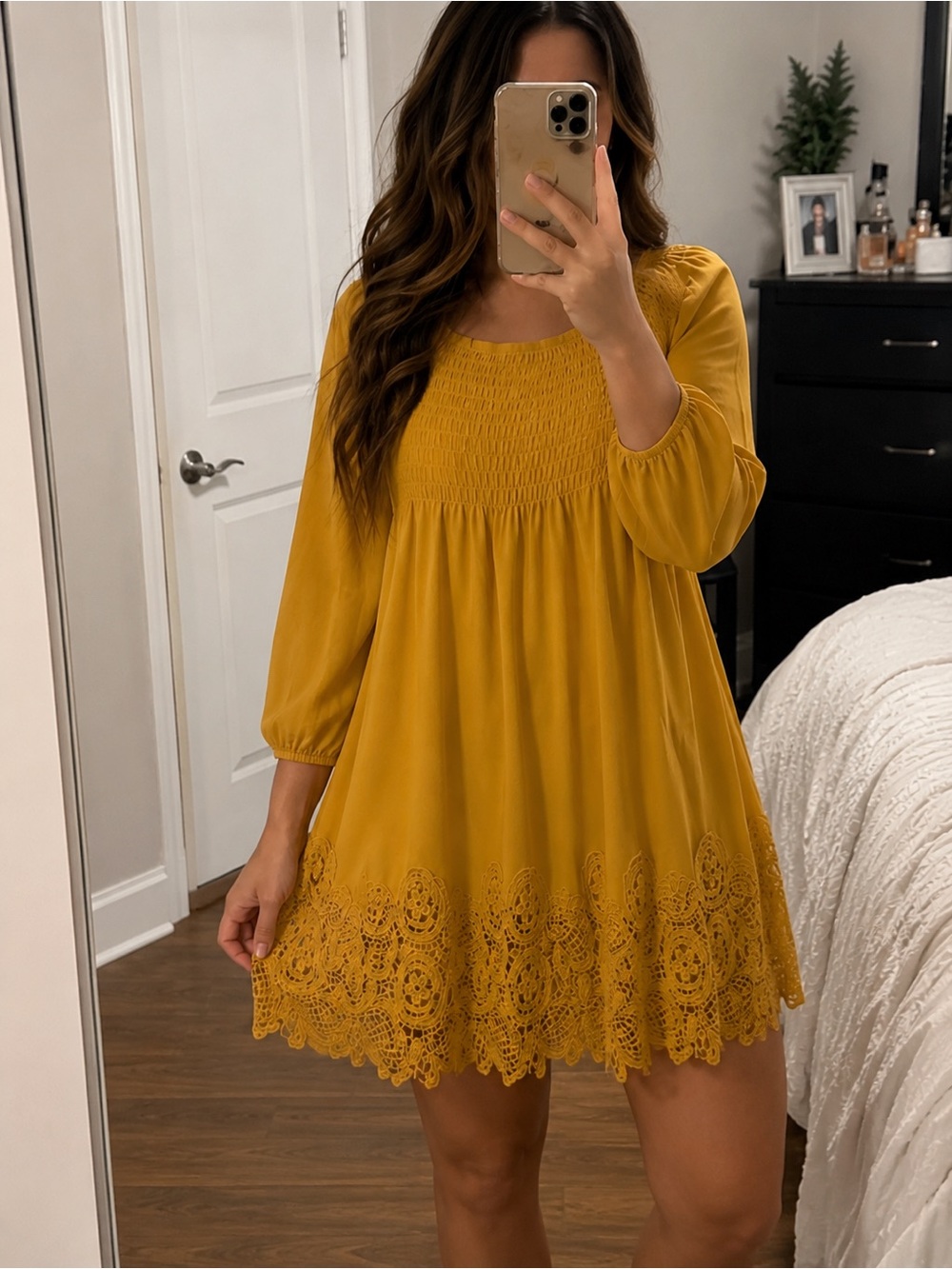 Mustard Yellow Smocked Babydoll Dress with Lace Hem